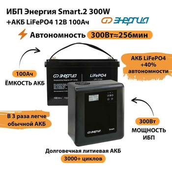 ИБП для котла Энергия Smart 2 300Вт + LiFePO4 Аккумулятор 12v 100Ah (300Вт - 256мин) - ИБП и АКБ - ИБП Энергия - ИБП для котлов отопления - Магазин электрооборудования для дома ТурбоВольт